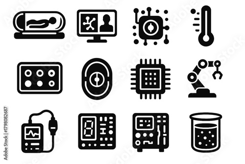 Icon display arm capsule gel monitor medical hatch vector pod digital robotic