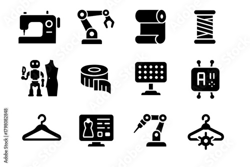 Hanger roll robot hub measuring sewing icon fashion led thread vector digital