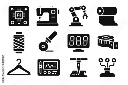 Fashion icons icon vector needle spool hanger robotic garment cutter array thread
