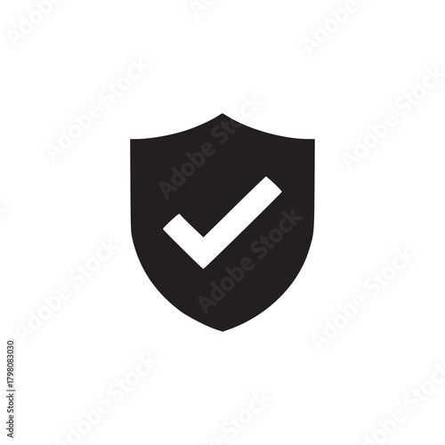 A black shield with a white check mark on a white background in a simple minimalist illustration