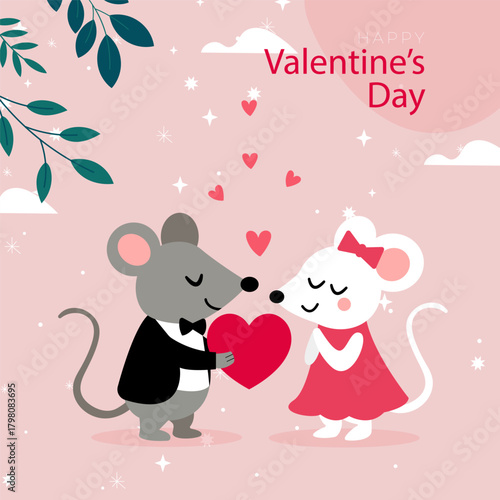 A charming mouse couple shares a sweet moment as the grey mouse offers a red heart to the white mouse. Surrounded by floating hearts and a soft pink background, this lovely scene celebrates Valentine’