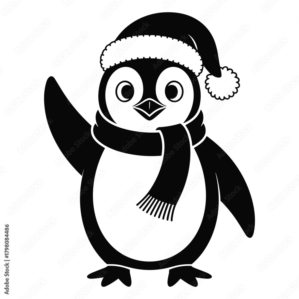 Naklejka premium Cute cartoon penguin wearing a santa hat and scarf