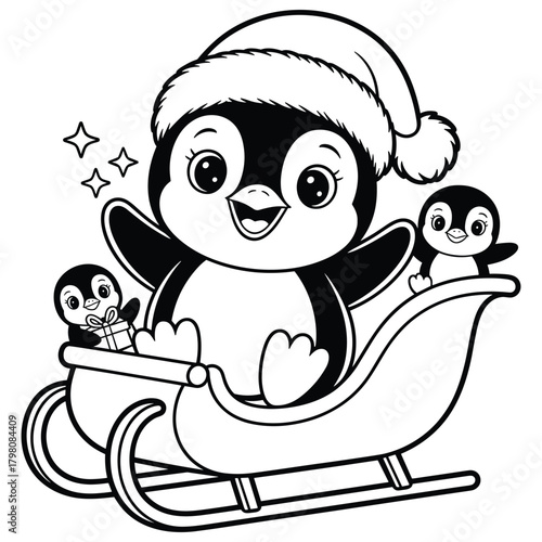 Cute penguin wearing a santa hat riding a sleigh with baby penguins