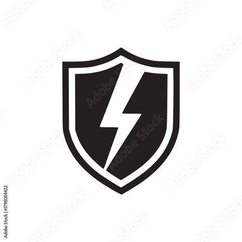 A black and white image showing a shield with a lightning bolt inside on a plain white background