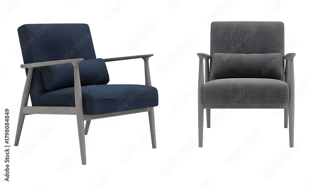 Fototapeta premium Two modern armchairs in blue and gray with wooden frames generative ai illustration