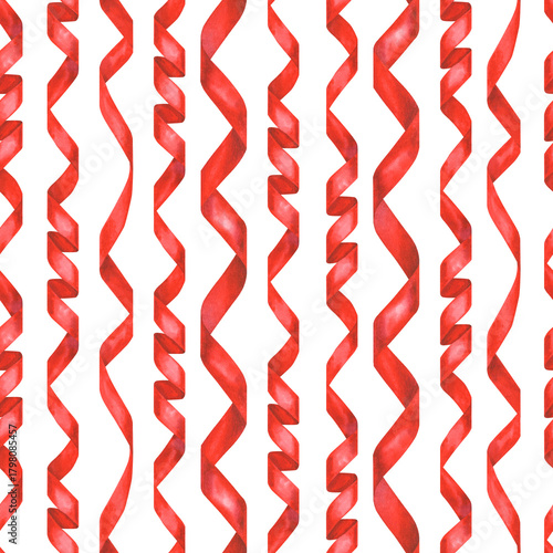 Red twisted narrow ribbons on a seamless pattern isolated on a white background. Watercolor template for holiday, Christmas, wedding decor, invitations, greeting cards, wrapping paper, textiles,