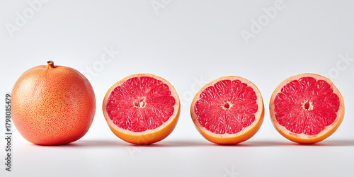 Freshly cut grapefruit showcasing vibrant pink flesh on a clean background