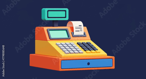 Colorful 3D cash register with receipt on dark background.