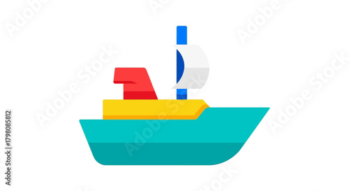 Colorful Flat Design Icon of a Small Boat on White Background.