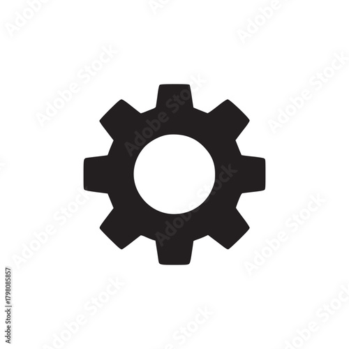 A simple black gear icon with a white center on a plain white background in a minimalist style image