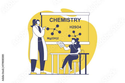 School teachers web concept with flat people for website design. Woman works in school, teaching pupil at lessons in class, explaining chemistry to schoolgirl at science seminar. Vector illustration.