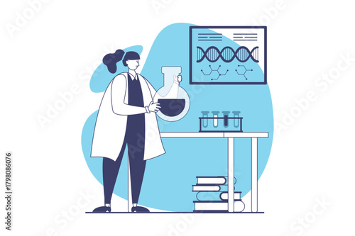 Science laboratory web concept with flat people for website design. Woman making scientific research, learning molecular genetic dna structure, doing test in flask and tubes. Vector illustration.