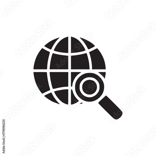A black and white graphic of a globe being searched with a magnifying glass on a white background