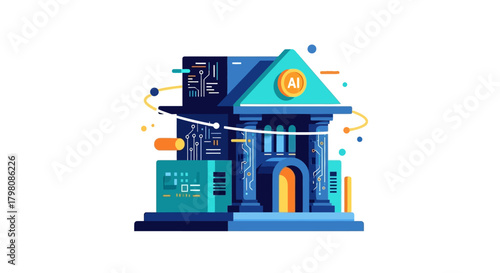 Digital Bank Building with Technology and Data Flow.