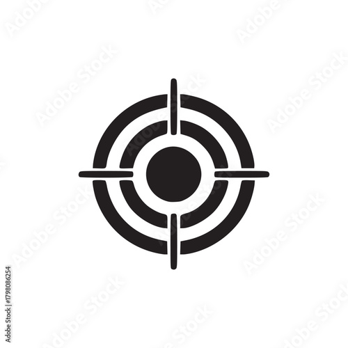 A black and white graphic of a target with three concentric circles and crosshairs on a white background