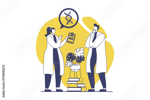 Science laboratory web concept with flat people for website design. Man and woman learning and discussing dna spiral structure, making scientific and genetic research in lab. Vector illustration.