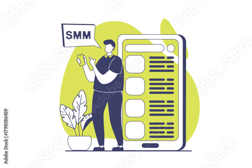 Social media marketing web concept with flat people for website design. Man making promotion with smm strategy, using popular content, influencing and attracting audience in blog. Vector illustration.