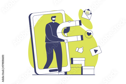 Social media marketing web concept with flat people for website design. Man with magnet creating content and making promotion campaign, attracting audience in mobile application. Vector illustration.