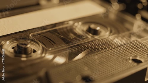 Vintage audio cassette tape with magnetic ribbon and spools in sepia tone