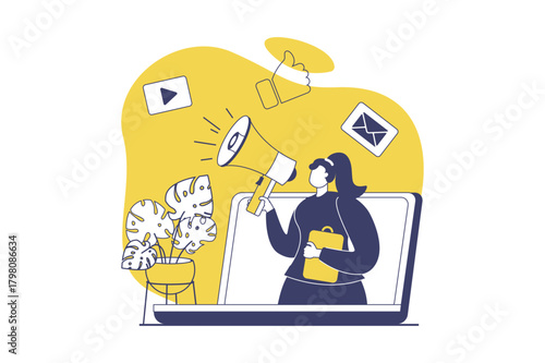 Social media marketing web concept with flat people for website design. Woman with megaphone creating content and promo mailing, making advertising campaign, attracting audience. Vector illustration.