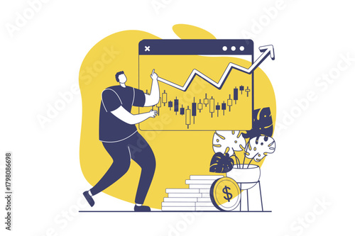 Stock market web concept with flat people for website design. Man analyzing financial statistics with bar chart at screen, forecasting market trends, buy or sell with strategy. Vector illustration.