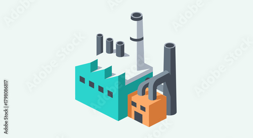 Isometric Industrial Factory Building with Chimneys and Production Unit.