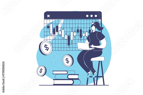Stock market web concept with flat people for website design. Woman trading and investing money, analyzing trends with bar charts, creating success strategy and earning coins. Vector illustration.