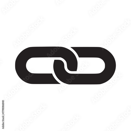 A simple black chain link icon on a plain white background in a minimalist style design element