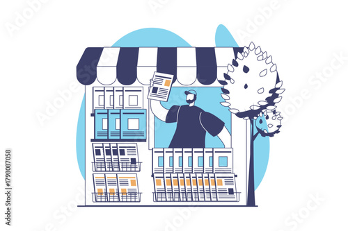 Street shops web concept with flat people for website design. Man working in stall kiosk and selling newspapers.Small business with trading daily press and morning news papers. Vector illustration.