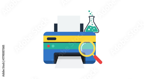 Printer with Magnifying Glass and Beaker Representing Scientific Research and Analysis.