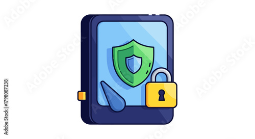 Secure data storage with shield and padlock icon.