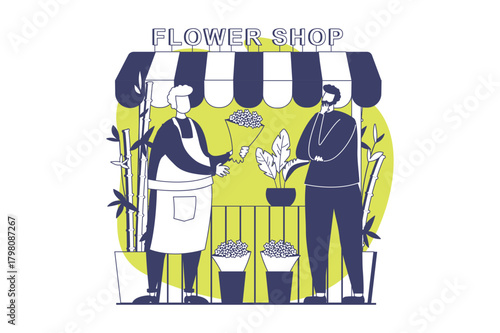 Street shops web concept with flat people for website design. Man working in stall kiosk and selling flowers, customer buying bouquet in florist floral and gardening boutique. Vector illustration.