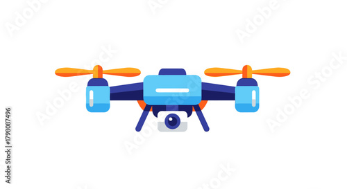 Vector illustration of a modern blue and orange quadcopter drone with a camera.