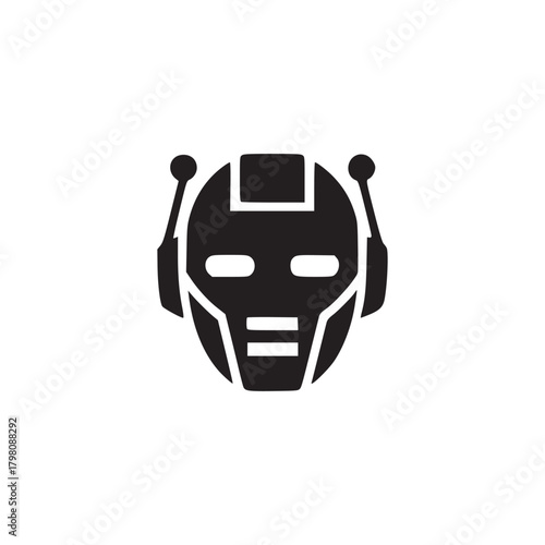 Isolated black robot head icon with antenna on a white background in a simple graphic design style