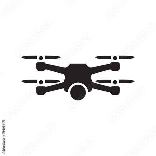 A simple black drone icon with four propellers isolated on a plain white background in a minimalist style