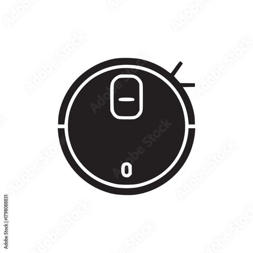 Isolated black and white illustration of a robotic vacuum cleaner on a white background plain design