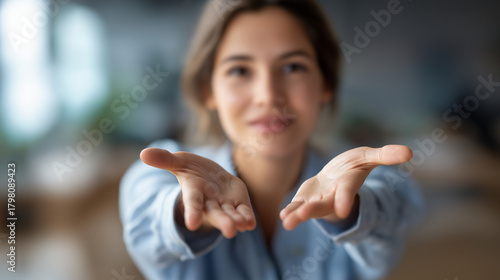 Faceless woman giving hands to camera defocused background help and self help concept mental health support reaching out gesture assistance offering psychological aid with