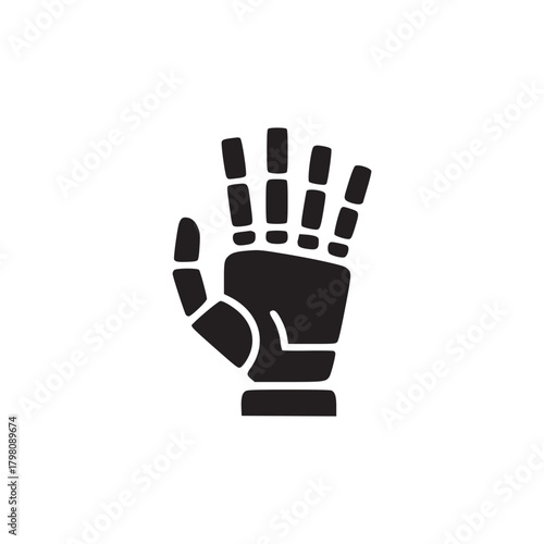 Illustration of a robotic hand with segmented fingers and a black color scheme on a white background