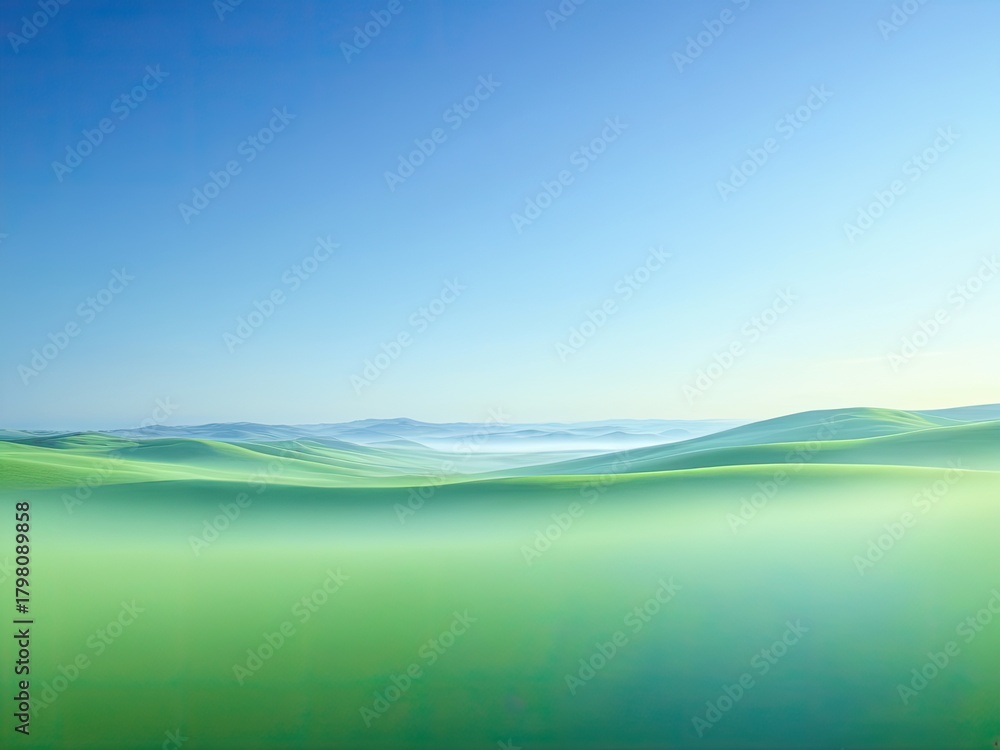 Fototapeta premium Serene Rolling Hills Landscape: Vibrant Green Fields Under Clear Blue Sky - Peaceful Nature Background
