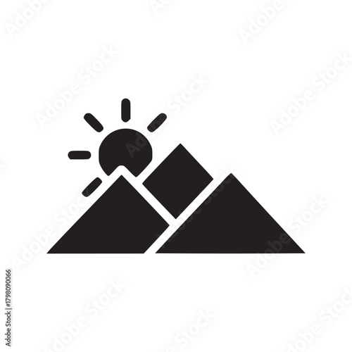 A minimalistic illustration of mountains with the sun rising behind the peaks in black and white