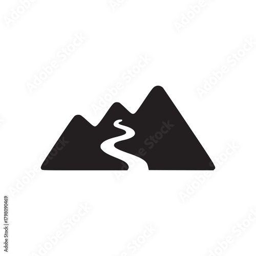 A simple black and white illustration of two mountains with a winding river between them on white