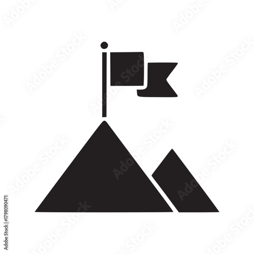 A black silhouette of two mountains with a flag on top of the taller one on a white background