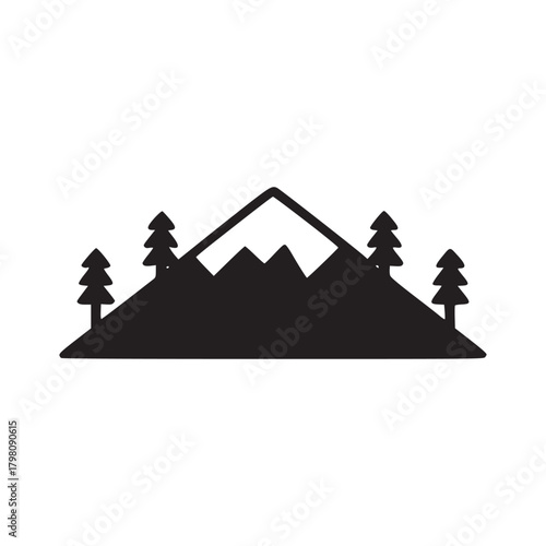 A minimalist illustration of a mountain with snow cap and four trees in black on a white background