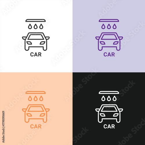 Car Wash Service Line Art Icon with Automobile Under Water Drops for Vehicle Cleaning and Detailing.