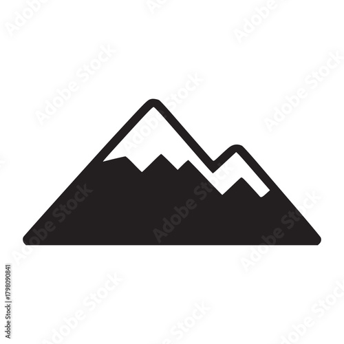 A minimalist black and white illustration of a mountain range with snow capped peaks on a white background