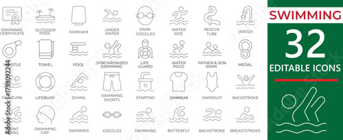 Minimal clean line-style swimming icon set perfect for aquatic sports, pool activities, fitness training, and water-related designs.