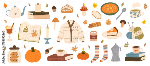 Set of hand drawn cozy autumn elements. Cute sweater, knitting, candles, hot drink, pie, pumpkin spice latte, leaves. Comfortable lifestyle, winter and autumn mood. Vector flat illustration.