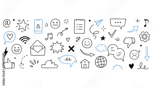 Hand-drawn Doodle Icons Set – Sketch Communication, social media, Emotions and Symbol Elements