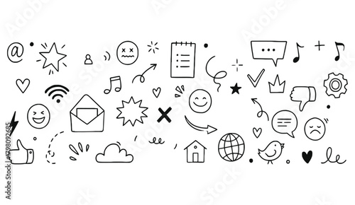 Hand-drawn Doodle Icons Set – Sketch Communication, social media, Emotions and Symbol Elements