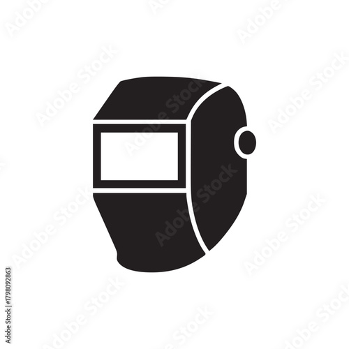 A black and white illustration of a welding mask with a rectangular viewing window on a white background